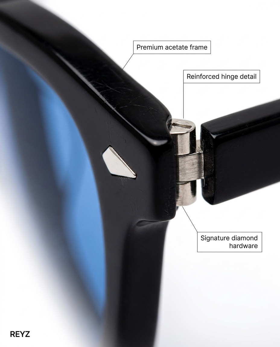 R1 Vince - premium acetate frame, reinforced hinge, diamond hardware detail